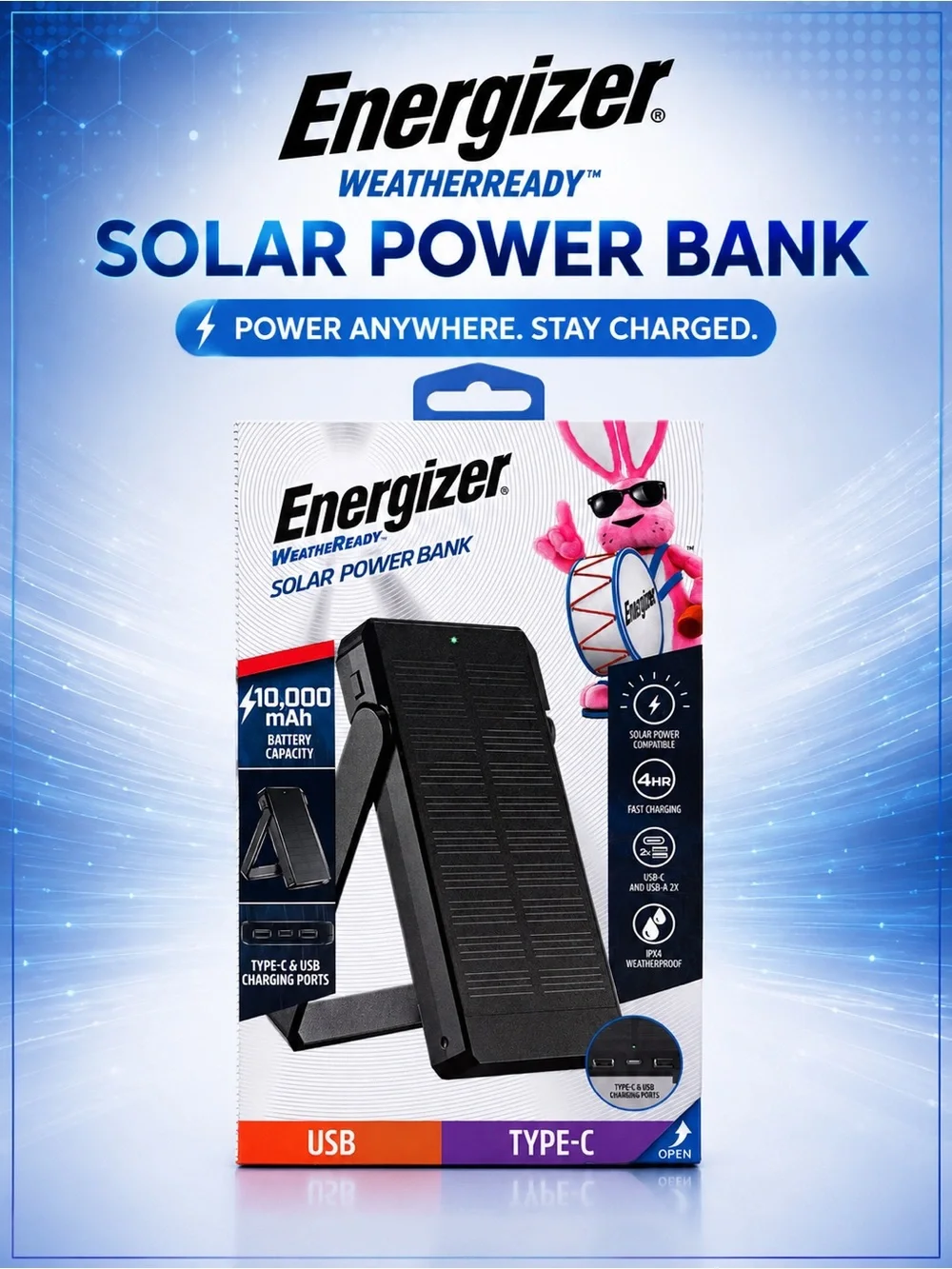 Energizer Black WeatherReady Solar Power Bank - 10,000mAh, USB & Type-C